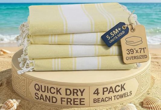 LANE LINEN Oversized Beach Towels 4 Pack – Pre-Washed, Extra Large, Quick Dry, No Sand, Pool Use, 39"x71" – Yellow