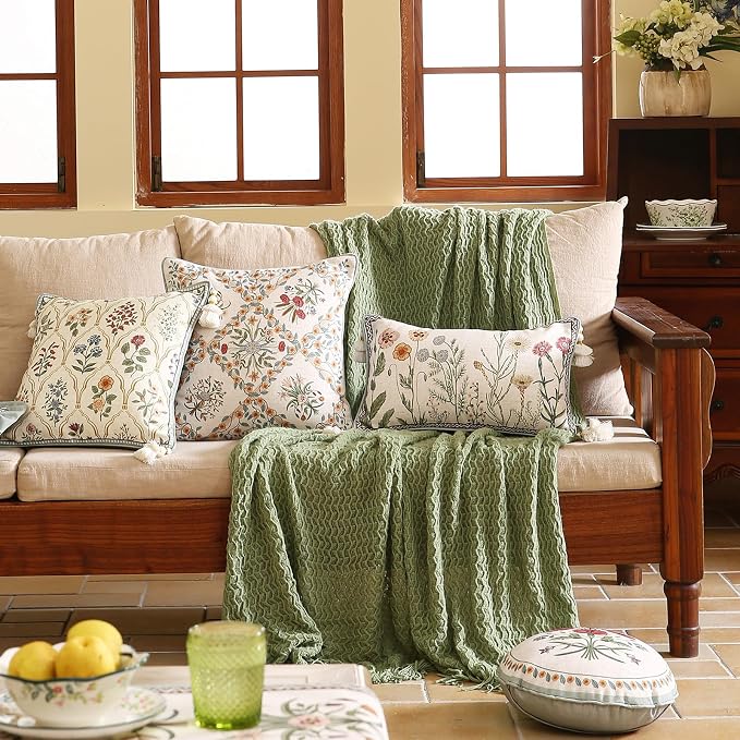 Designer Vintage Linen Throw Pillow Cover,20"x12"-Serenity D | French Elegant Rectangle Decor Pillow Cover,Concealed Zipper Design,Light Beige,Sofa,Bedroom,Living Room,Chairs