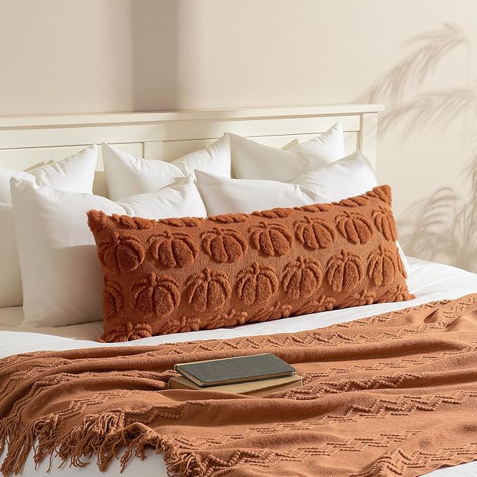 MIULEE Fall Pillow Cover Pumpkin Fall Decor Lumbar 14x36 Dark Rust | Set of 2 Fall Decorations for Home, Plush Faux Fur Farmhouse Accent Pillowcase, Porch Sofa Couch Cushion Bed Livingroom