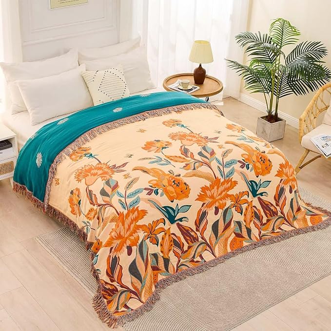 XIBLC Boho Throw Blanket for Bed, 100% Cotton Soft Rustic Quilt Fall Blanket, 60"x80" Floral Printed Farmhouse Decor Bed Blankets, All Season Rustic Reversible Bohemian Throw Quilt