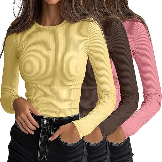 Ficerd 3 Pack Women's Ribbed Long Sleeve Tops, Crew Neck Slim Fit Undershirts Knit Basic Casual Stretch Layering Tee Shirts