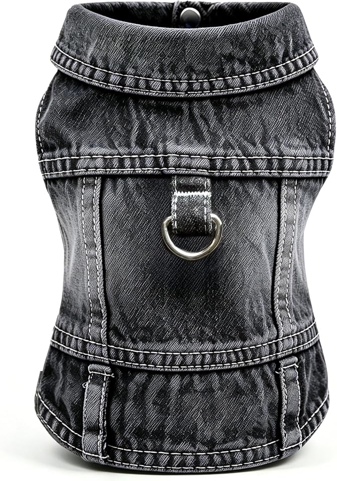 Dog Jean Jacket,Black Denim Vest for Small Pet,Cute Clothes with D-Ring | Soft Washed Cotton Denim Costume,Cool Apparel Dress Shirt for Puppy,Classic Coat Outfit for Small Dogs Cats Boy Girl