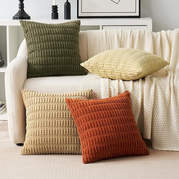 MIULEE Pack of 4 Corduroy Decorative Throw Pillow Covers 18x18 Brown Green | Boho Farmhouse Modern Retro Soft Striped Pillow Covers,Home Decor for Sofa Living Room,Couch,Bed