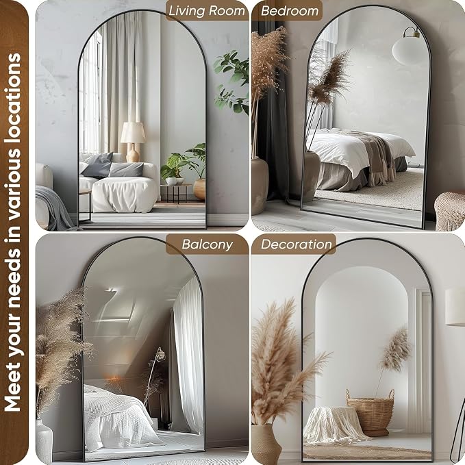 Antok 72" x44” Arched Full Length Floor Mirror, Black Aluminum Frame, Free Standing/Wall Mount/Leaning for Bedroom, Living Room, Dressing Room