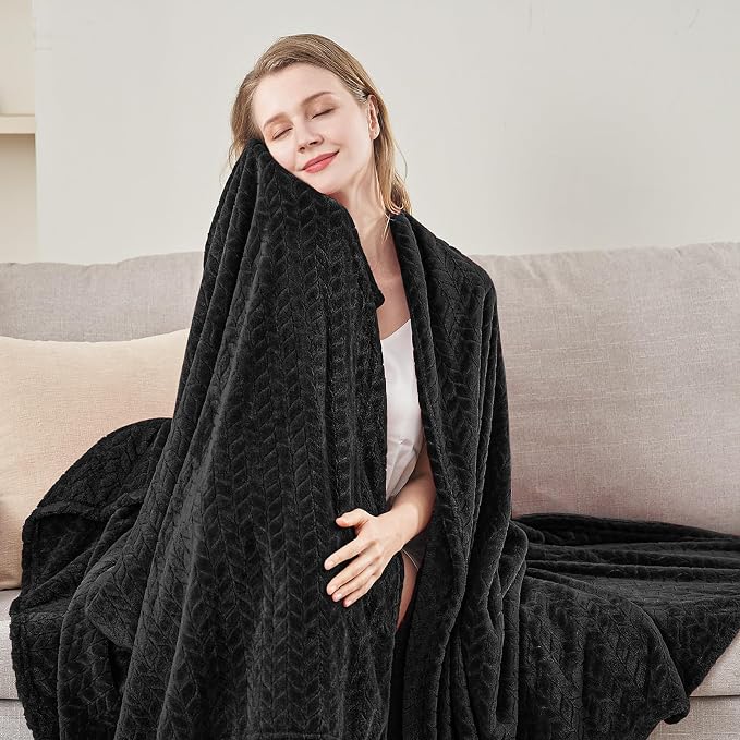 inhand Black Fleece Queen Blanket for Bed, Super Soft Flannel Cozy Blankets for Adults, Lightweight Leaves Pattern Fuzzy Blanket for Office,Travel, Warm Plush Blankets for All Season, 90x90 Inches