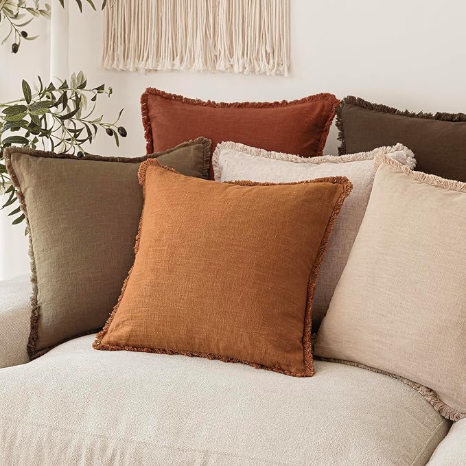 Foindtower Set of 2 Decorative Linen Fringe Throw Pillow Covers Cozy Boho Farmhouse Cushion Cover with Tassels Soft Accent Pillowcase for Couch Sofa Bed Living Room Home Decor, 22×22 Inch, Orange