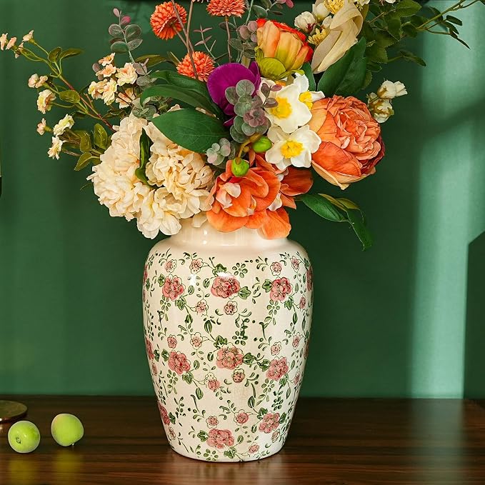 Sungmor Ceramic Flower Vase, Vintage Pink Ice Cracked Glaze Porcelain Vase | Pretty Home Decor Vase for Flower Arrangement, Fresh Flowers, 10.2 Inch Tall Chinoiserie Pottery Vase, Green Floral Pattern