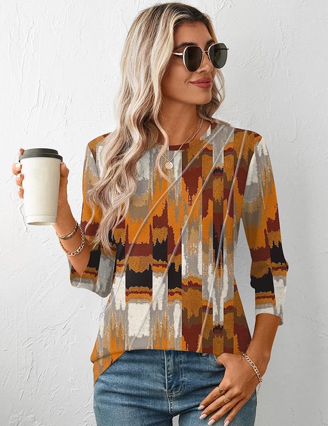 LOMON 3/4 Length Sleeve Womens Tops Spring Summer Fashion 2026 Tops Crew Neck Pleated Shirts Tunic Top Loose Fit