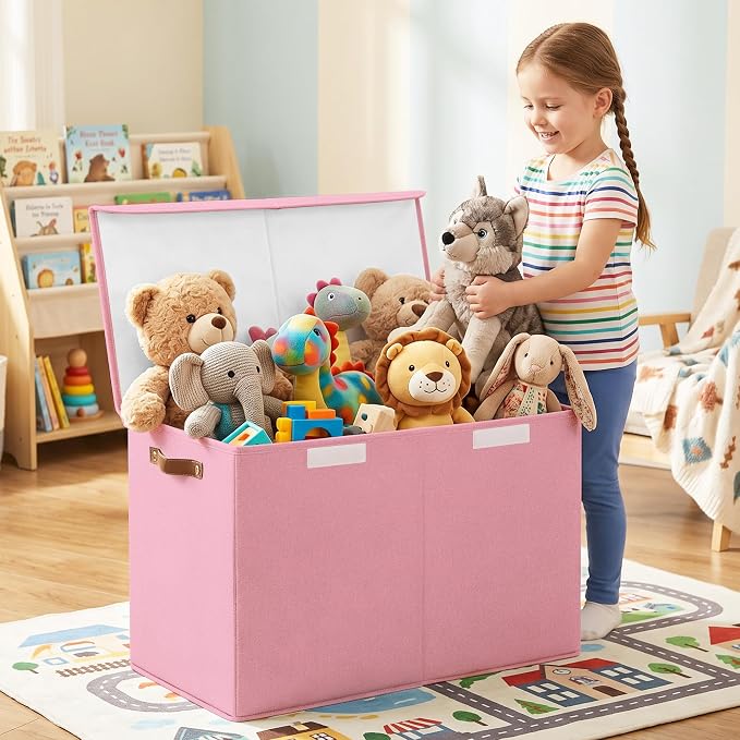 Large Toy Storage Box with Lids, Collapsible Sturdy Baby Storage Organizer Chest Bin Basket for Kids, Boys, Girls, Playroom, Nursery, Bedroom, Closet 25"x13"x16" (Pink)