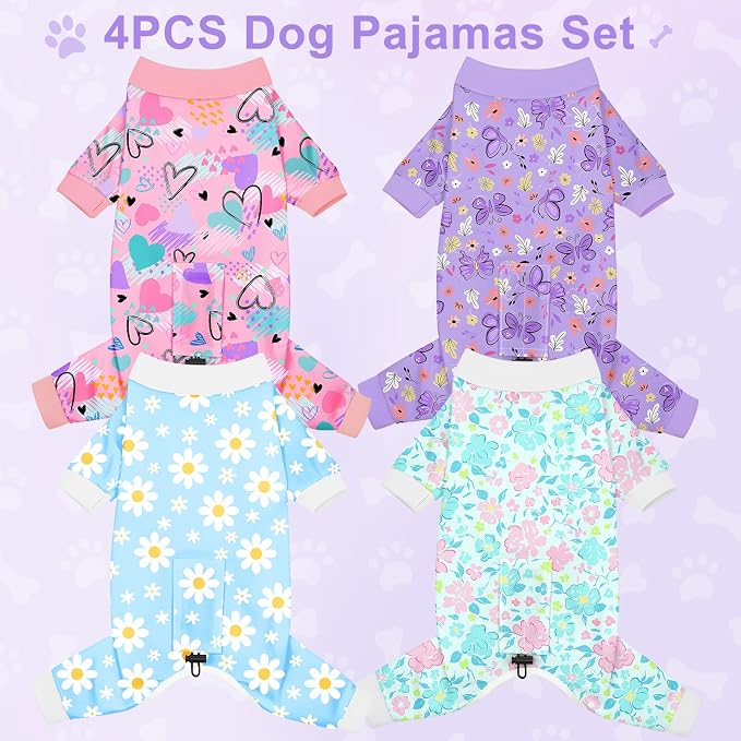 Bienbee Dog Pajamas, 4 Pack Adjustable Onesies for Small to Large Dogs XL | Dog Shedding Suit with Soft Fabric, Breathable & Stretchy, and Adjustable Back Length for Sleeping Lounging and Daily Use