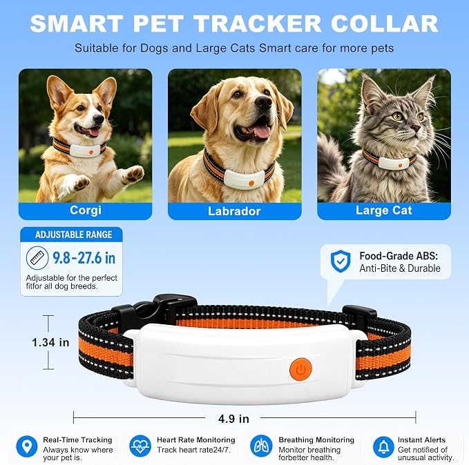4G LTE GPS Pet Tracker & Virtual Fence, Real-Time Location, Heart Rate & Activity Monitor, Remote Training Smart Collar for Large Cats, Small, Medium and Large Dogs (White)