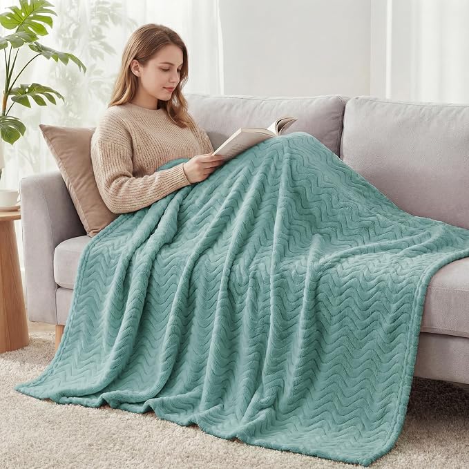 Exclusivo Mezcla Large Fleece Throw Blanket for Couch, Sofa, Celadon | 50"x70" Soft Breathable Lightweight Flannel Throws for Summer, Plush Cozy Jacquard Wave Blanket for Home Decor