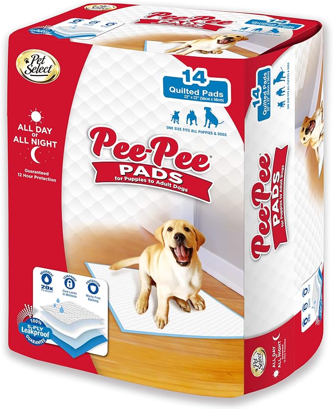 Four Paws Pet Select Pee Pee Pads for Dogs and Puppies 14 Count Standard 22" x 23" | Leak-proof, 12 hour floor protection, quilted potty training pads, 5 layers, 22" x 22"