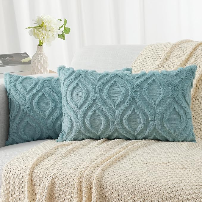 decorUhome Faux Fur Plush Soft Aqua Throw Pillow Covers 12x20 Set of 2 | Plush Solid Fall Couch Pillow Covers, Accent Modern Farmhouse Neutral Decorative Square Pillow Cases for Sofa Bed Living Room