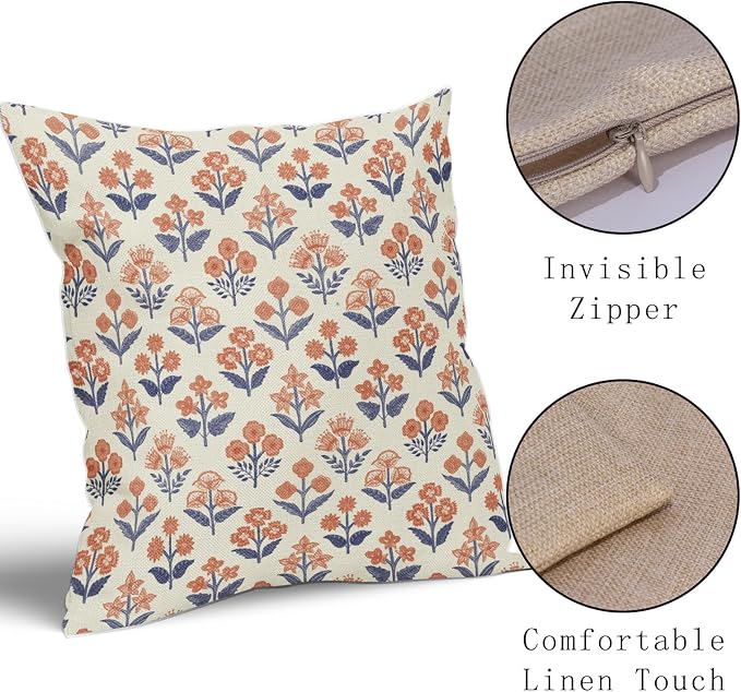 Navy Blue Orange Floral Block Print Pillow Covers 20x20 Inch Set of 2, Fall Vintage Flower Pattern Decorative Throw Pillowcases Outdoor Farmhouse Cushion Covers Seasonal Rustic Sofa Couch Bed Decor