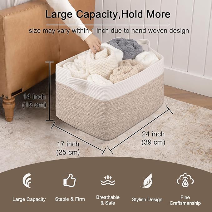OIAHOMY Extra Large Blanket Basket, 95L Cotton Rope Woven Laundry Basket, Toy Bin for Baby Room, Container for Blanket Storage in Living Room, 24''×17''×14'', Brown & White