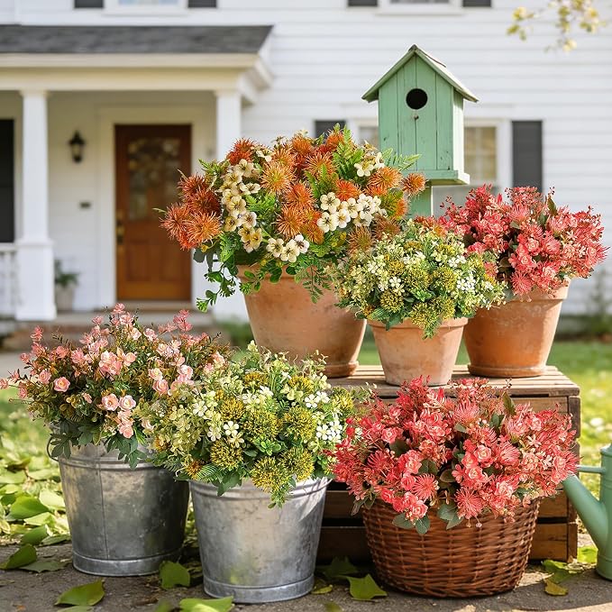RM ROOMERS Artificial Flowers Plants for Outdoors, Fake Flowers Red Rose | Pink Chrysanthemum UV Resistant Faux Flower for Garden Porch Windowbox Front Door Yard, No Fade Home Vase Decor (4 Bundles)
