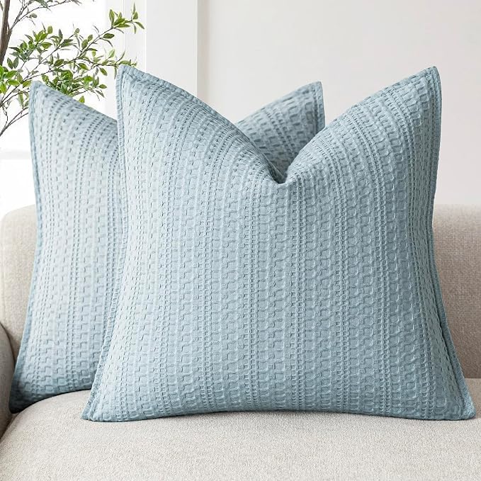 Foindtower Set of 2 Decorative Cotton Waffle Weave Throw Pillow Covers Euro Shams Cushion Covers Accent European Pillowcase for Bed Couch Sofa Bedroom Living Room Home Decor 26×26 Inch Light Blue