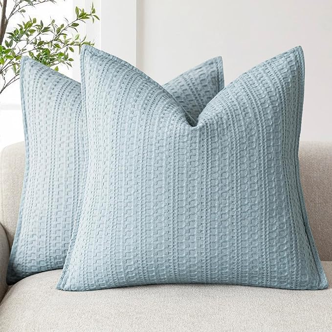 Foindtower Set of 2 Decorative Cotton Waffle Weave Throw Pillow Covers Euro Shams Cushion Covers Accent European Pillowcase for Bed Couch Sofa Bedroom Living Room Home Decor 18×18 Inch Light Blue