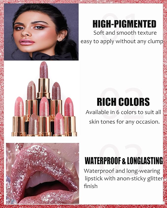 Red Metallic Glitter Lipstick Long Lasting, Diamond Nude Shimmer Lip Gloss High Pigmented Brown Matte Lip Stick for Women, Sparkling Shiny Transfer Proof Non Stick Tinted Lip Color Balm Makeup-05