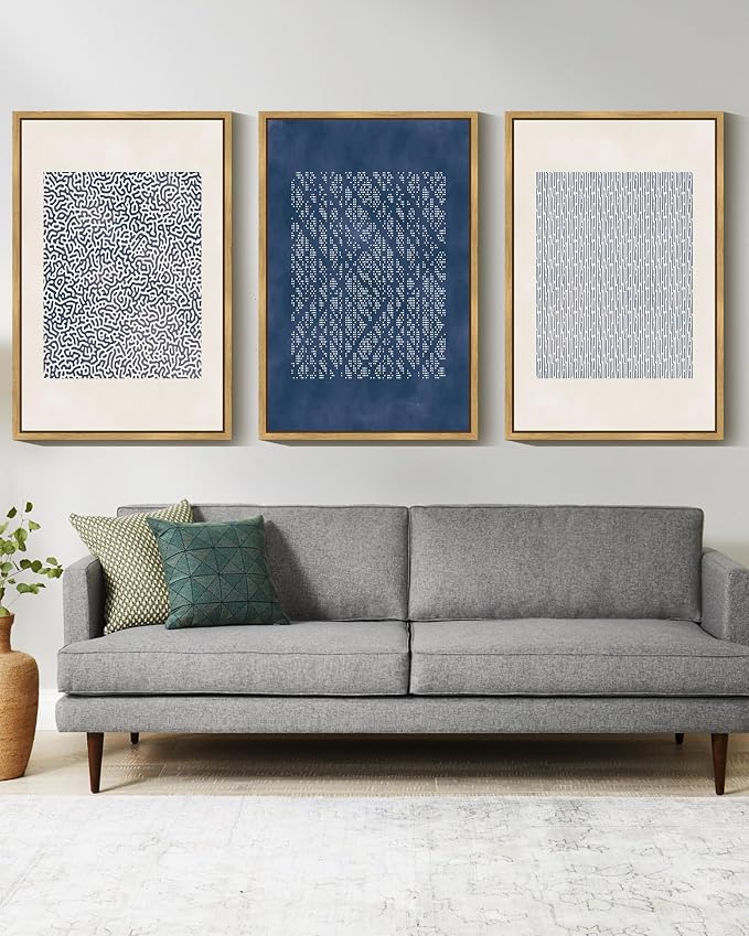 Drsoum Blue Mid-Century Modern Framed Wall Art Large 24x36in Minimalist Abstract Boho Wall Decor Geometric Artwork Kitchen Dining Room Black Framed