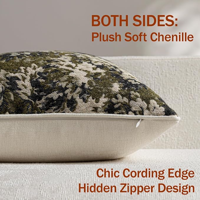 Pack of 2 Vintage Floral Euro Sham Covers 26x26 Boho Farmhouse Accents Chenille Square Decorative Throw Pillow Cases for Living Room Couch Bed Home Decor, Olive Green