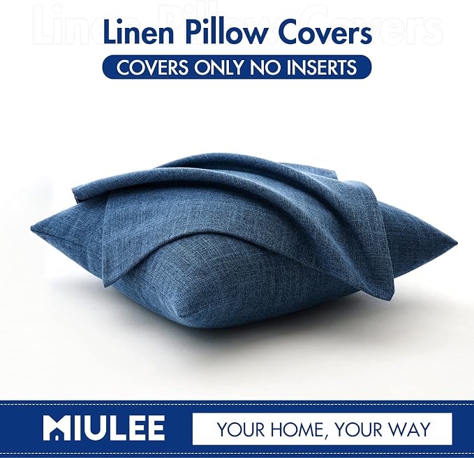 MIULEE Pack of 2 Decorative Linen Burlap Coastal Pillow Covers Farmhouse Accent Pillowcases for Sofa Car Couch Bedroom Living Room Decor 18x18 Inch Blue