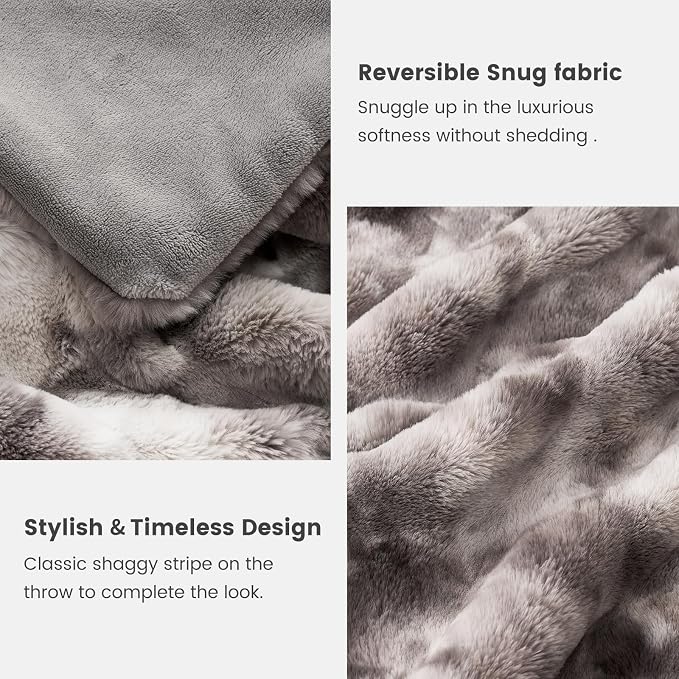Cozy Bliss Deluxe Striped Rabbit Faux Fur Throw Blanket, Soft Fluffy Warm Plush Blanket for Winter, Modern Homr Decor, Tie-dye Grey 50"x60"