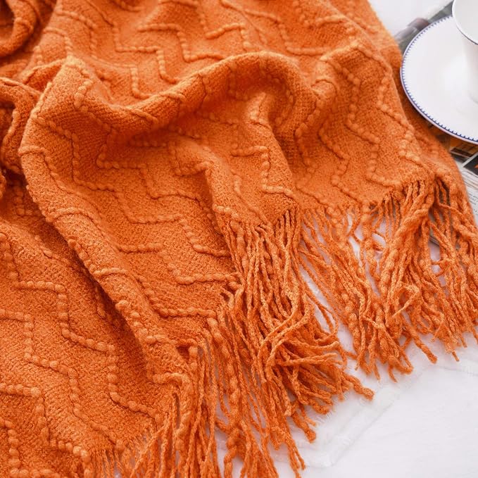 BATTILO HOME Burnt Orange Throw Blanket for Couch, Decorative Fall Throw Blanket with Tassels Halloween Throw Fall Decor, 50"x60"