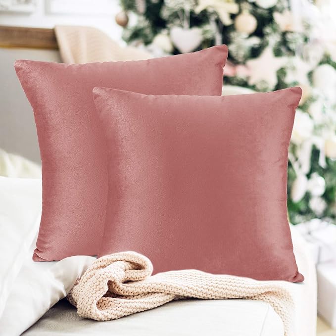 Throw Pillow Inserts Pack of 2 with Velvet Soft Solid Decorative Square Throw Pillow Covers Set for Sofa Couch Car Bedroom, 18X18 Throw Pillows Inserts with 16x16 Washable Cushion Covers, Misty Rose