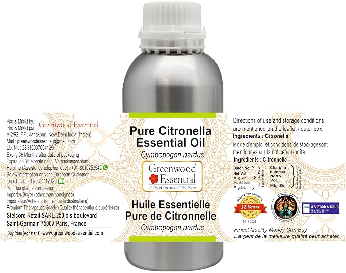 Greenwood Essential Pure Citronella Essential Oil (Cymbopogon nardus) Steam Distilled 1250ml (42.2 oz)