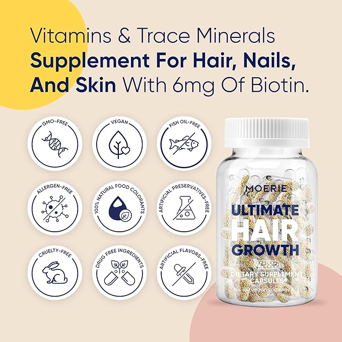 Moerie Hair Growth Supplement for Women & Men - Hair Skin and Nails Vitamins With Biotin, Q10 & Minerals - For Thicker, Fuller Hair & Hair Loss Treatment - Advanced Beadlet Delivery System - 360 Pills