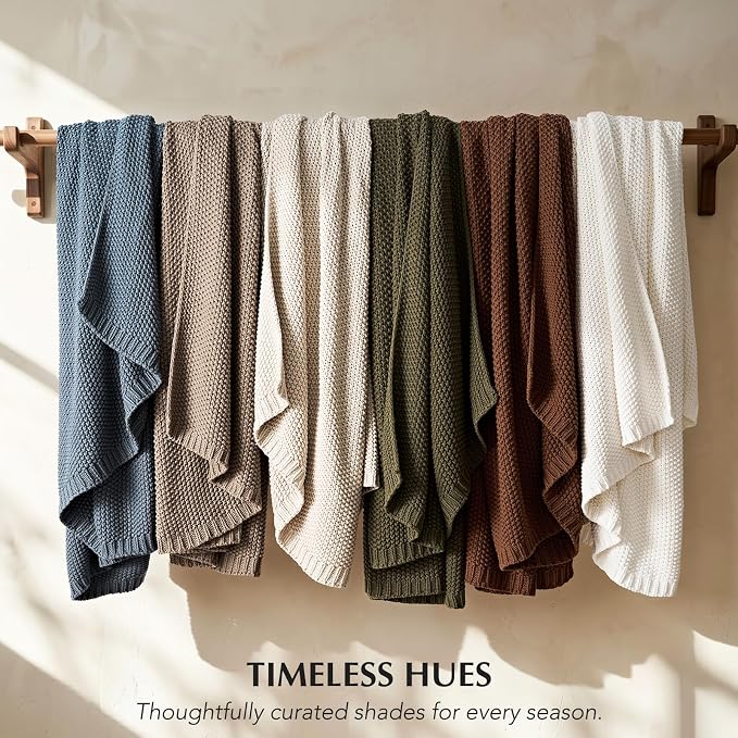 Organic Cotton Chunky Knit Throw Blanket, 60 x 80 Olive Green | OCS Certified Organic Cotton, Seed Stitch Knit, Soft & Breathable, Cozy Midweight, Decorative Throw for Couch, Bed & Sofa