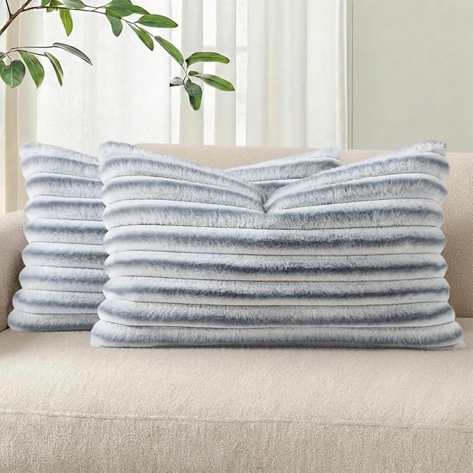 Pallene Faux Fur Decorative Throw Pillow Covers 12x20 Set of 2, Ombre Grey | Luxury Plush Texture, Striped Design, Cozy Soft Touch, Modern Home Accent Decor for Couch, Sofa, Bed, Living Room