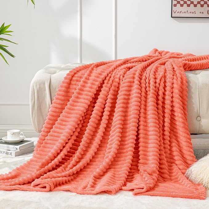 BEDELITE 3D Ribbed Coral Red Fleece Throw Blanket for Couch, 50x60 Inch | Soft Warm Decorative Fluffy Blanket, Cozy Plush Lightweight Fuzzy Throw Blanket for Bed Sofa Home Room Decor, Gift for Women