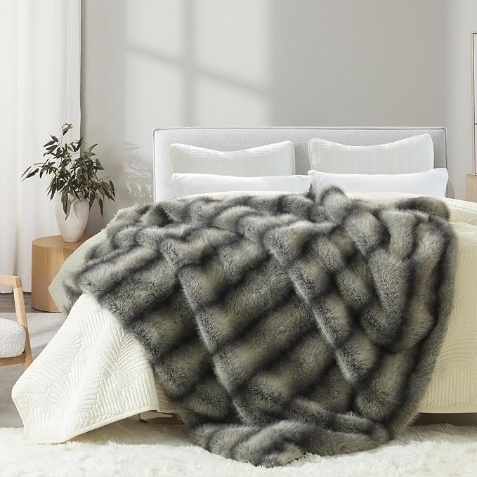 HORIMOTE HOME Luxury Faux Fur Throw Blanket, Non-Shedding 50"x60" Fur Blanket Throw, Ultra Soft Blankets for Bed, Couch and Sofa, Premium Soft, Thick Fluffy Throws, Grey Black Stripes