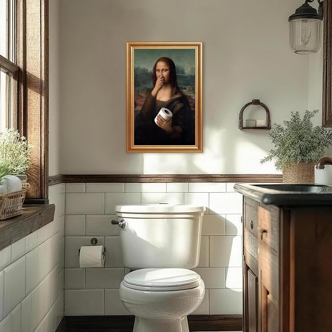 ICHZUMW Gold Framed Funny Mona Lisa Toilet Paper Canvas Wall Art, 8x10 In | Quirky Humorous Parody Painting Bathroom Wall Decor, Restroom Powder Room Guest Toilet, Fade Resistant, Ready to Hang