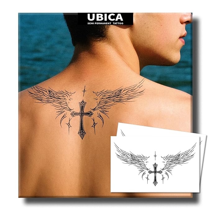 Semi Permanent Tattoo for Men(Large), 2 Sheets Angel Wing Tattoos(Cross), Lasts 7-15 Days, Develops Fully in 48H, Realistic, Waterproof and Non-Reflective, for Back Chest