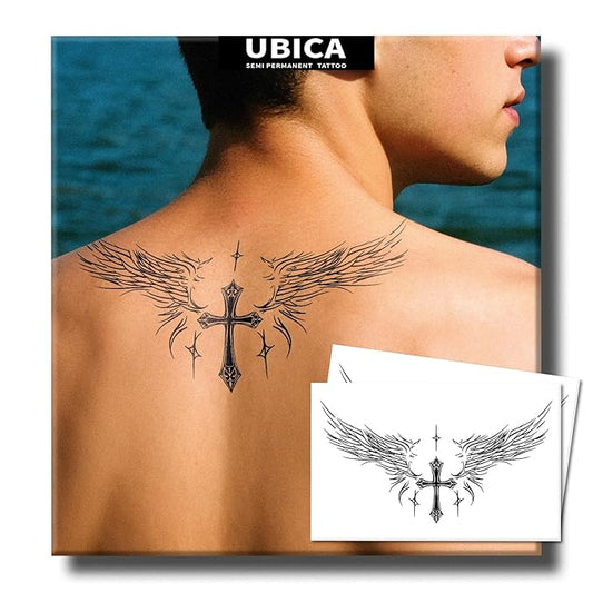 Semi Permanent Tattoo for Men(Large), 2 Sheets Angel Wing Tattoos(Cross), Lasts 7-15 Days, Develops Fully in 48H, Realistic, Waterproof and Non-Reflective, for Back Chest