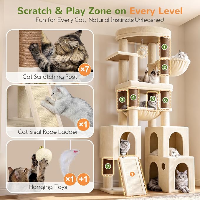 Globlazer Tall Cat Tower for Indoor Adult Cats, 72-inch, S72G, Beige | Heavy Duty Cat Tree House for Big Cats with 2 Extra-Large Padded Platform, 7 Sisal Scratching Posts, 3 Large Condos