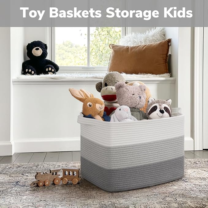 Goodpick 50L Large Woven Storage Basket, 18" x 14" x 12", Gradient Gray | Stylish Gift Basket for Home Decor, Cotton Rope Baskets for Toys & Nursery Essentials, Living Room & Bedroom Organization