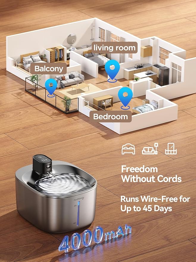 FEELNEEDY Wireless Cat Water Fountain Stainless Steel with Sensor, 4000mAh Battery Operated, 4L/135fl oz Pet Water Fountain for Cats Dogs, Ultra Quiet Cat Drinking Fountain with 2 Filters (YPD-C004S)