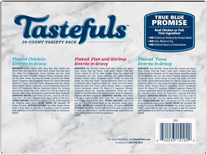 Blue Buffalo Tastefuls Variety Pack Wet Cat Food, 3 oz, 24 ct | Tuna, Chicken & Fish and Shrimp Entrées in Gravy (8 of Each), No Corn, Wheat, or Soy