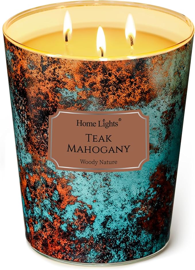 HomeLights Large jar Candle | 3-Wick Long-Lasting Scented Candles, 34oz Natural Soy Wax Candle for Home Scented, Industrial Chic Gifts for Women & Men, Teak Mahogany