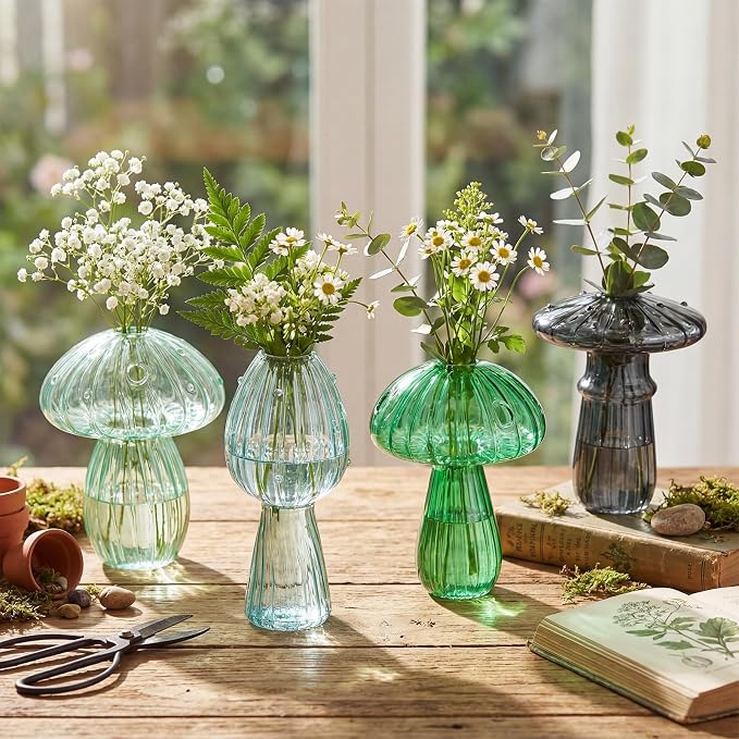 7 Pcs Glass Mushroom Vase Propagation Station with Hydroponic Plant and Artificial Fake Moss 6 Colored Plant Vase Table Centerpiece Decor for Forest Birthday Wedding Party Decoration (Green)