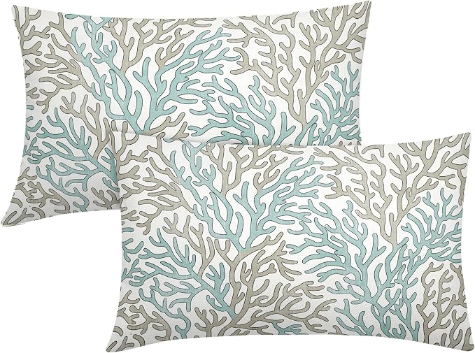 Nautical Coastal Coral Teal Tan White Lumbar Pillow Covers 12x20 Inch Set of 2 Brown Summer Ocean Themed Beach Pillow Cases Outdoor Linen Square Cushion Cover Farmhouse Decor for Home Sofa Couch Bed