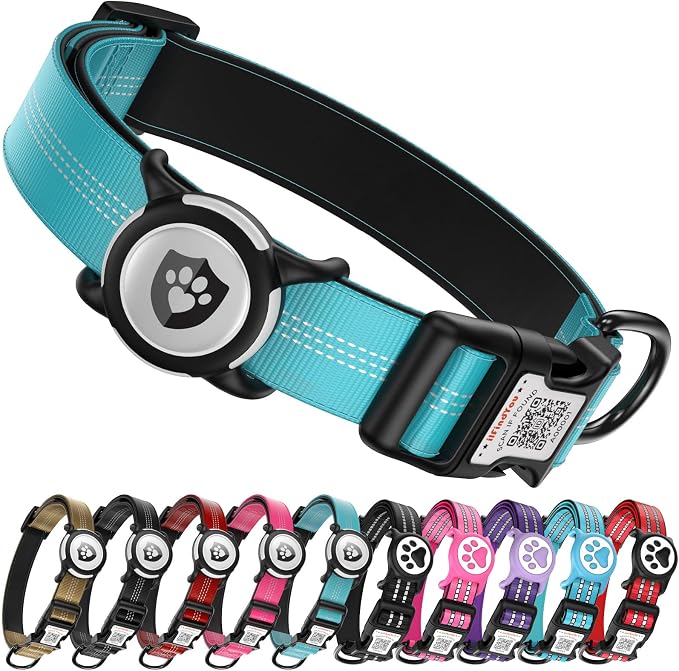 Waterproof AirTag Dog Collar with QR Code Dog Tag, Blue S | IP68 waterproof, QR code dog tag, Anti-Lost, Online profile, fits XS-L (8"-26"), Padded nylon, Reflective, No App, No Fees