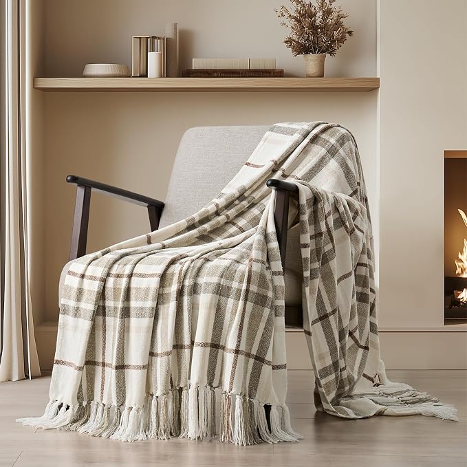 Plaid Chenille Knit Throw Blanket for Couch, 50"x60", Beige | Super Soft Knitted Throw with Tassels, Cozy, Decorative Farmhouse Plaid, Lightweight, Ideal for Bed Sofa Gift Home Decor