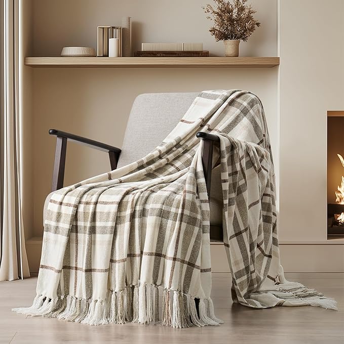 Plaid Chenille Knit Throw Blanket for Couch, 60"x80", Beige | Super Soft Knitted Throw with Tassels, Cozy, Decorative Farmhouse Plaid, Lightweight, Ideal for Bed Sofa Gift Home Decor