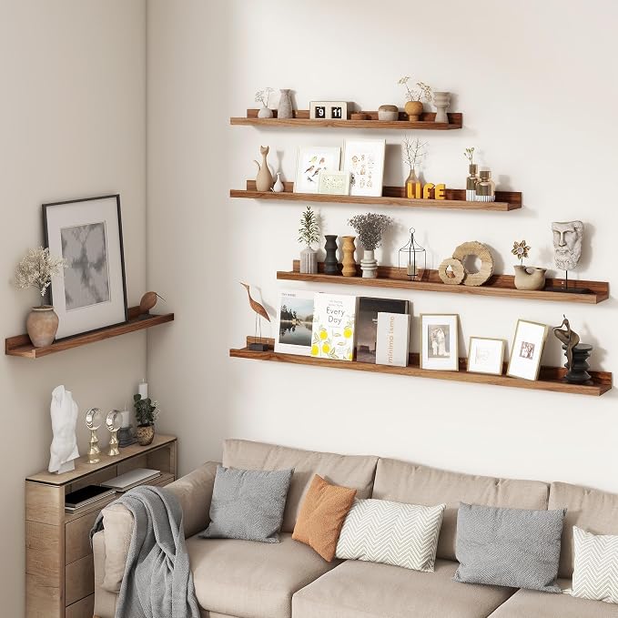 Picture Ledge Shelf, Long Floating Shelves for Wall, 52" W Set of 2, Walnut | FSC Certified Engineered Wood, Wall Mounted Bookshelf, for Nursery Living Room Bedroom, Easy Install